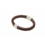 BOTTEGA VENETA - A DARK BROWN INTRECCIATO LEATHER AND SILVER BRACELET