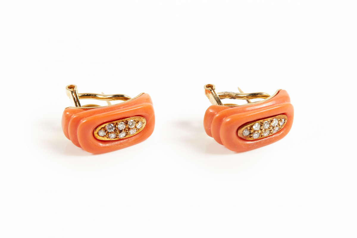 A PAIR OF 14K GOLD, CARVED CORAL AND DIAMOND EARRINGS