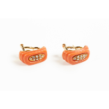 A PAIR OF 14K GOLD, CARVED CORAL AND DIAMOND EARRINGS