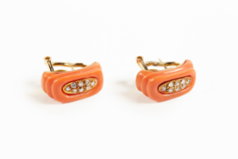 A PAIR OF 14K GOLD, CARVED CORAL AND DIAMOND EARRINGS