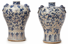 A PAIR OF UNDERGLAZE BLUE AND RED MEIPING VASES