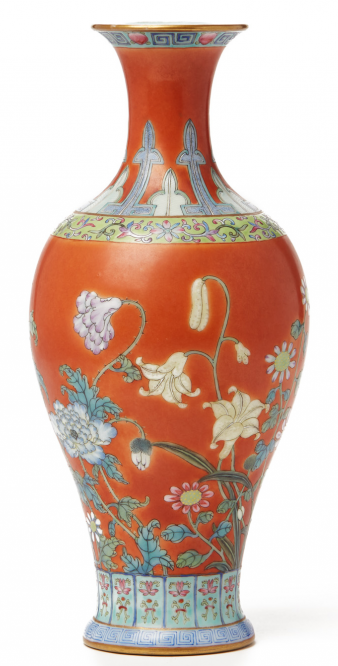 A 'FAMILLE ROSE' CORAL-RED GROUND BALUSTER VASE