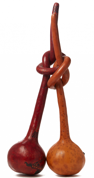 TWO INTERTWINED KNOTTED AND VARNISHED GOURDS