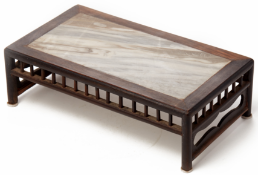 A RECTANGULAR MARBLE INSET WOOD STAND