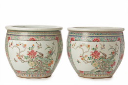 A PAIR OF LARGE 'FAMILLE ROSE' PORCELAIN JARDINIERES