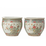 A PAIR OF LARGE 'FAMILLE ROSE' PORCELAIN JARDINIERES