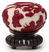 A PEKING RED OVERLAY WHITE GLASS WATER POT