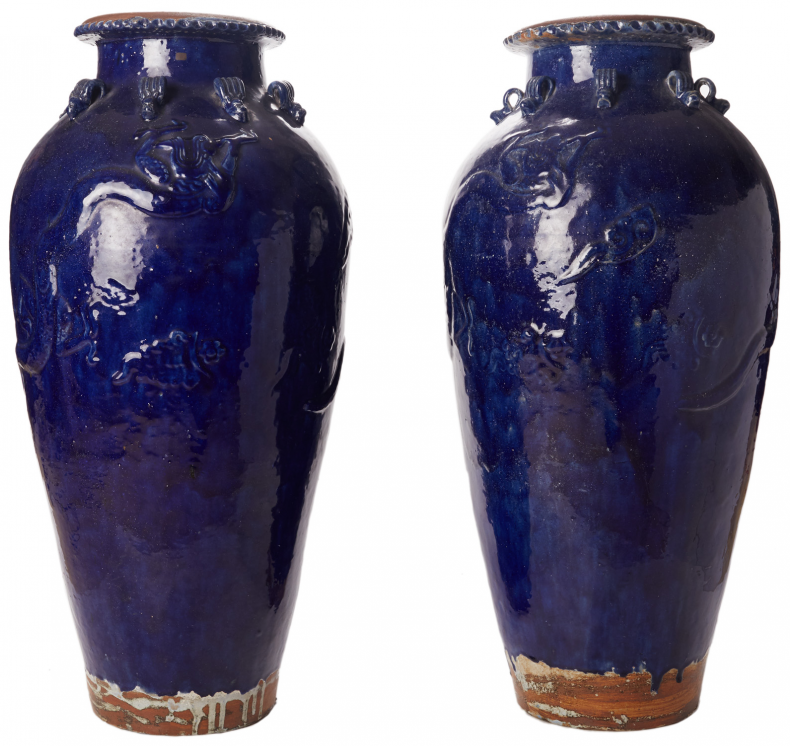 A PAIR OF LARGE BLUE GLAZED MARTABAN STORAGE JARS