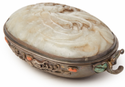 A JADE, CORAL AND TURQUOISE MOUNTED WHITE METAL BOX