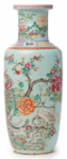 A 'FAMILLE ROSE' BLUE GROUND ROULEAU VASE