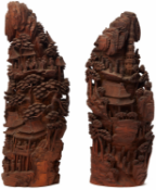 A PAIR OF LARGE BAMBOO ROOT MOUNTAIN LANDSCAPE CARVINGS