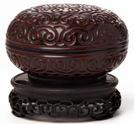 TWO CARVED TIXI LACQUER CIRCULAR BOXES AND COVERS