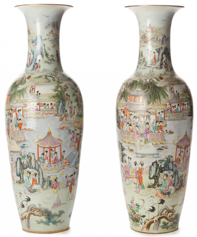 A PAIR OF EXTRA LARGE 'FAMILLE ROSE' BALUSTER FLOOR VASES