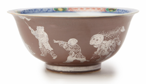 AN UNUSAL SILVER OVERLAID PORCELAIN BOWL