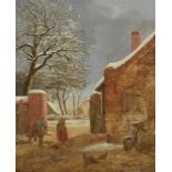 Ecole Flamande XVIIIe siècle, La ferme en hiver, 45 x 38 cm, huile sur panneau, ns -