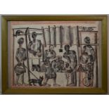 TRAVAIL MODERNE. Dessin au crayon sur papier sous verre. 50cm x 64.5cm. -