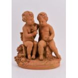 Statuette 2 enfants ou 2 anges assis sur un banc d'enfant (craquelures ou fissures) -