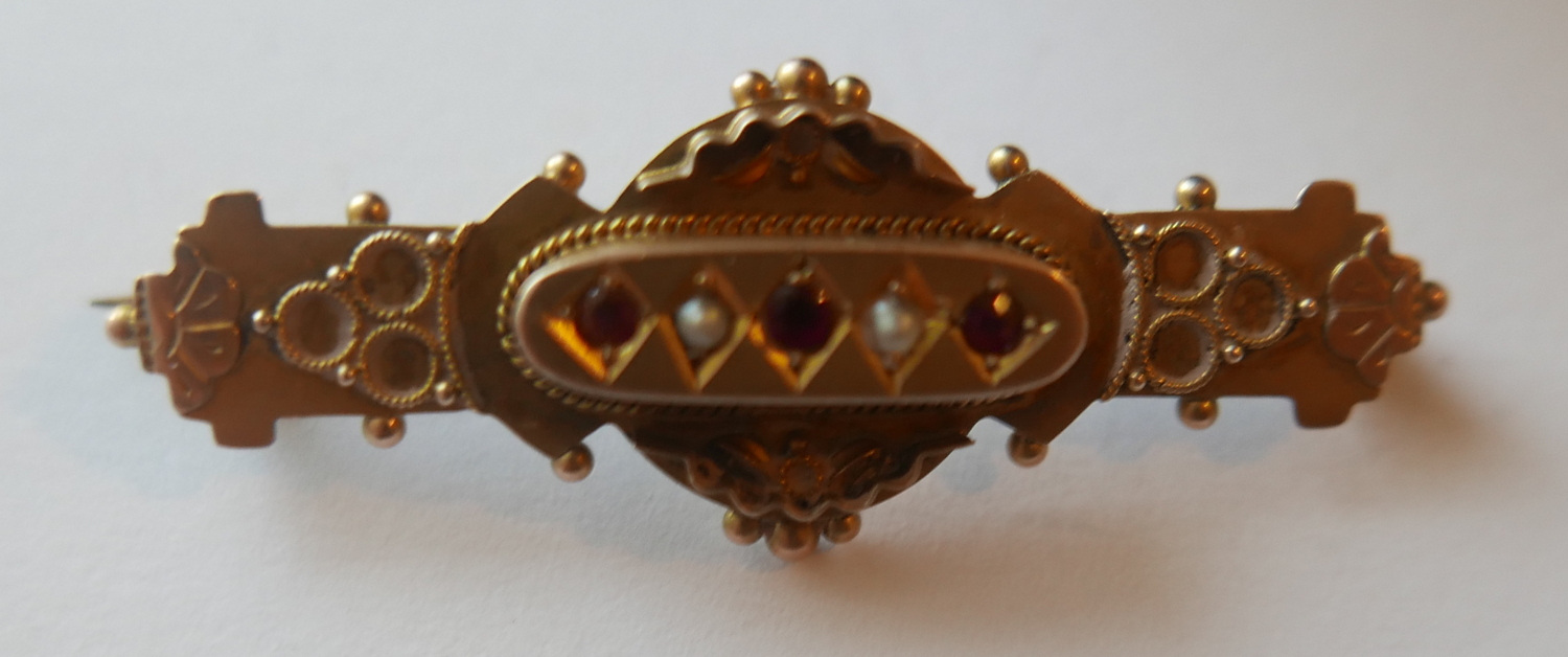 Antique 9 karat Gold Ruby/Garnet? and Seed Pearl Brooch.