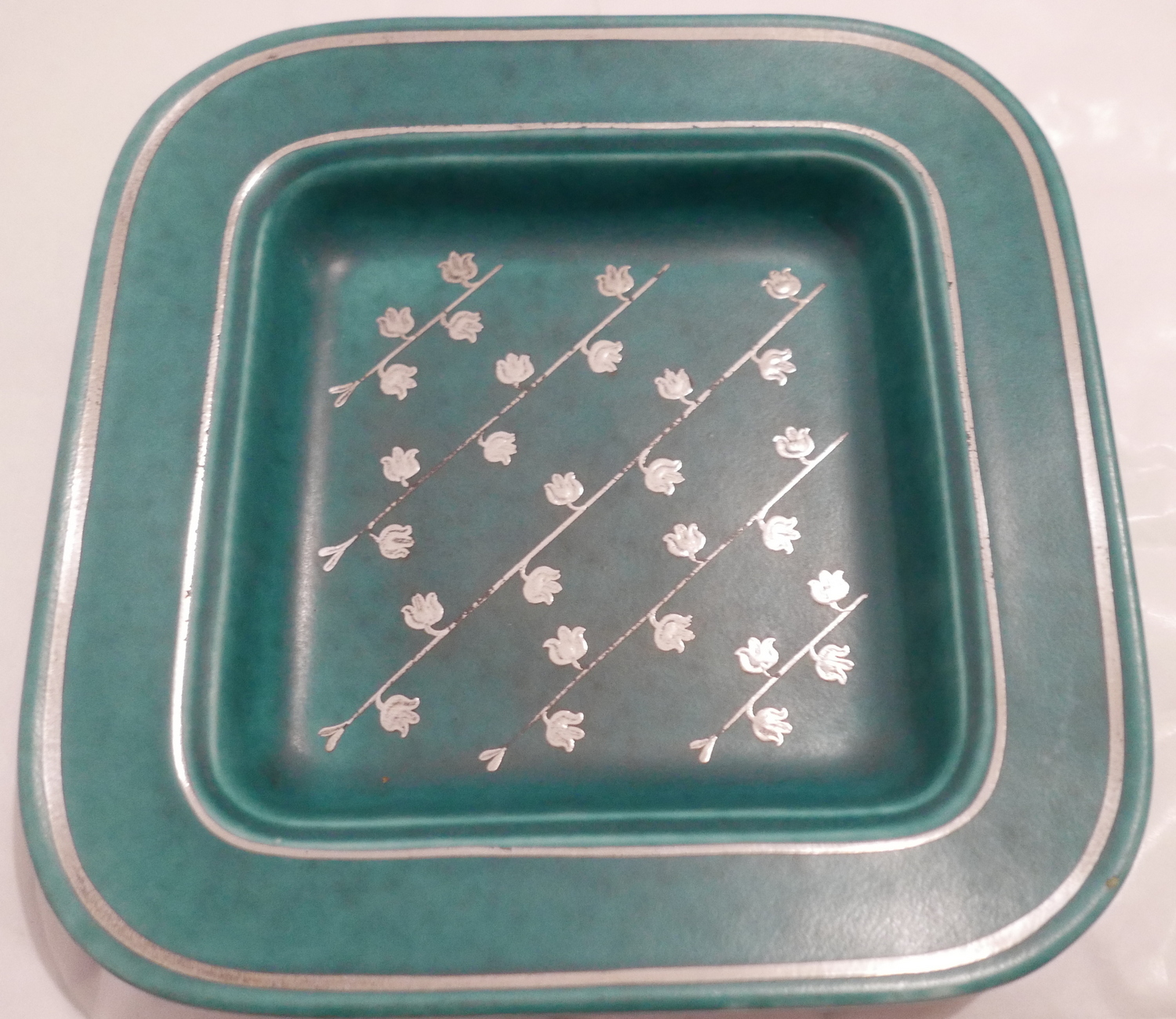 Large Gustavsberg Argenta Green Dish 8 1/4" (210mm) square with central silvered floral pattern.