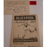 Blackpool vs Woverhampton Wanderers 1948 Football Programme and Stanley Matthews signed Card.