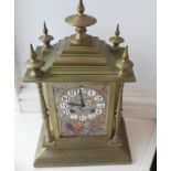 Antique Japy Freres Brass Mantel Clock with Enamelled Bird Panels to face and sides - 13" tall.