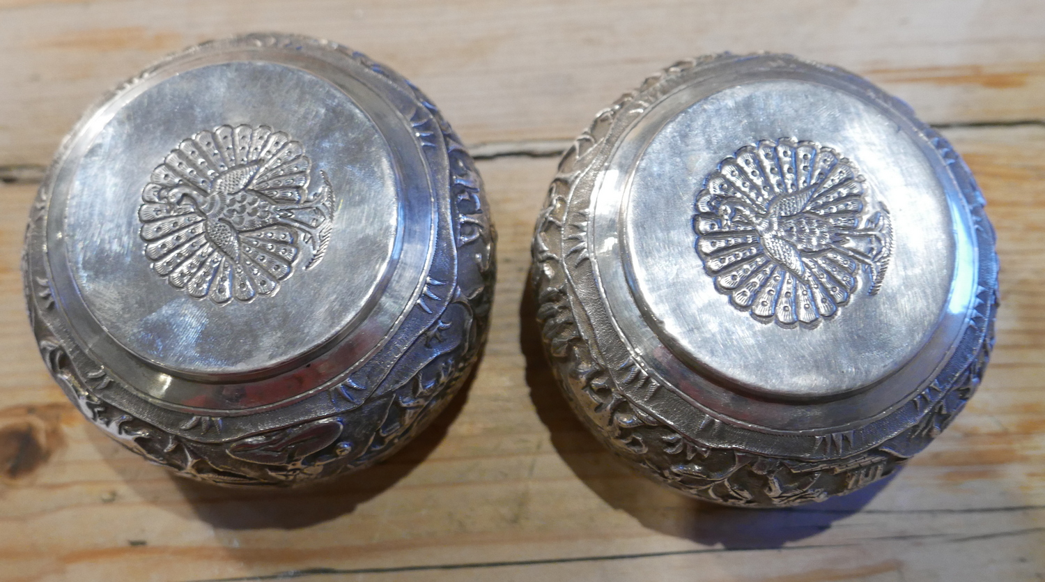 Antique Pair of Indian/Burmese White Metal Bowls with Peacock Marks to base - 233 grams. - Image 8 of 8