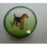 Vintage Airedale Terrier Silver and Enamel Circular Box - 63mm dia and 14mm tall.