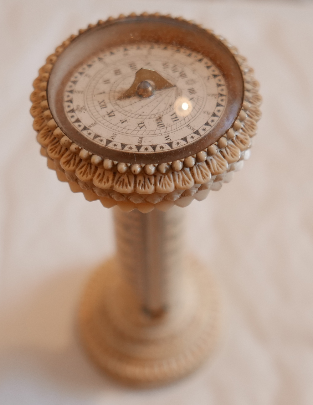 Antique Miniature Ivory Sundial and Thermometer - 6 1/4" (160mm) tall.