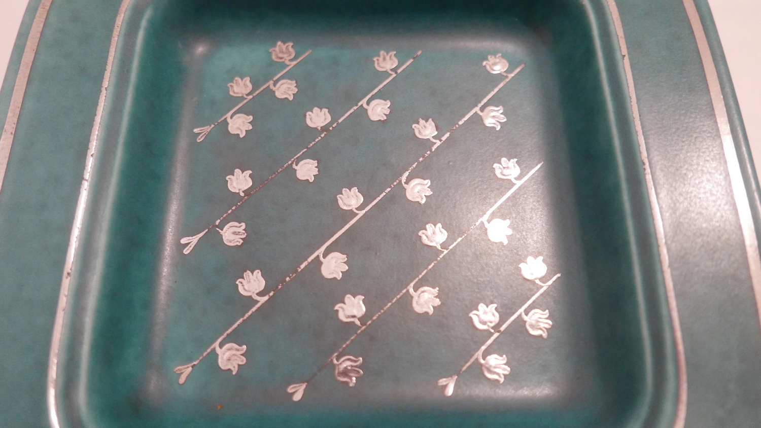 Large Gustavsberg Argenta Green Dish 8 1/4" (210mm) square with central silvered floral pattern. - Image 2 of 5