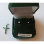 Lot of 18k Gold&Turquoise Cross and Boxed 9 karat Gold&Diamond Earrings.