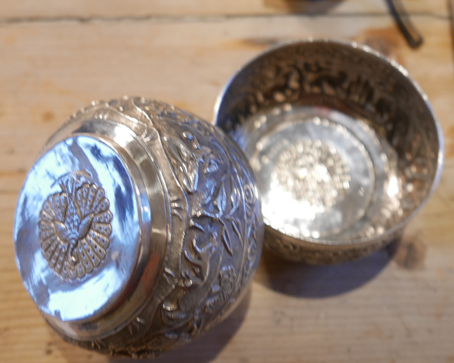 Antique Pair of Indian/Burmese White Metal Bowls with Peacock Marks to base - 233 grams. - Image 5 of 8