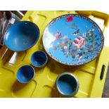 Lot of Antique and Vintage Cloisonne Ware - Dish 30.5cm dia - Bowl 17.4cm - Cups 7.5cm dia.