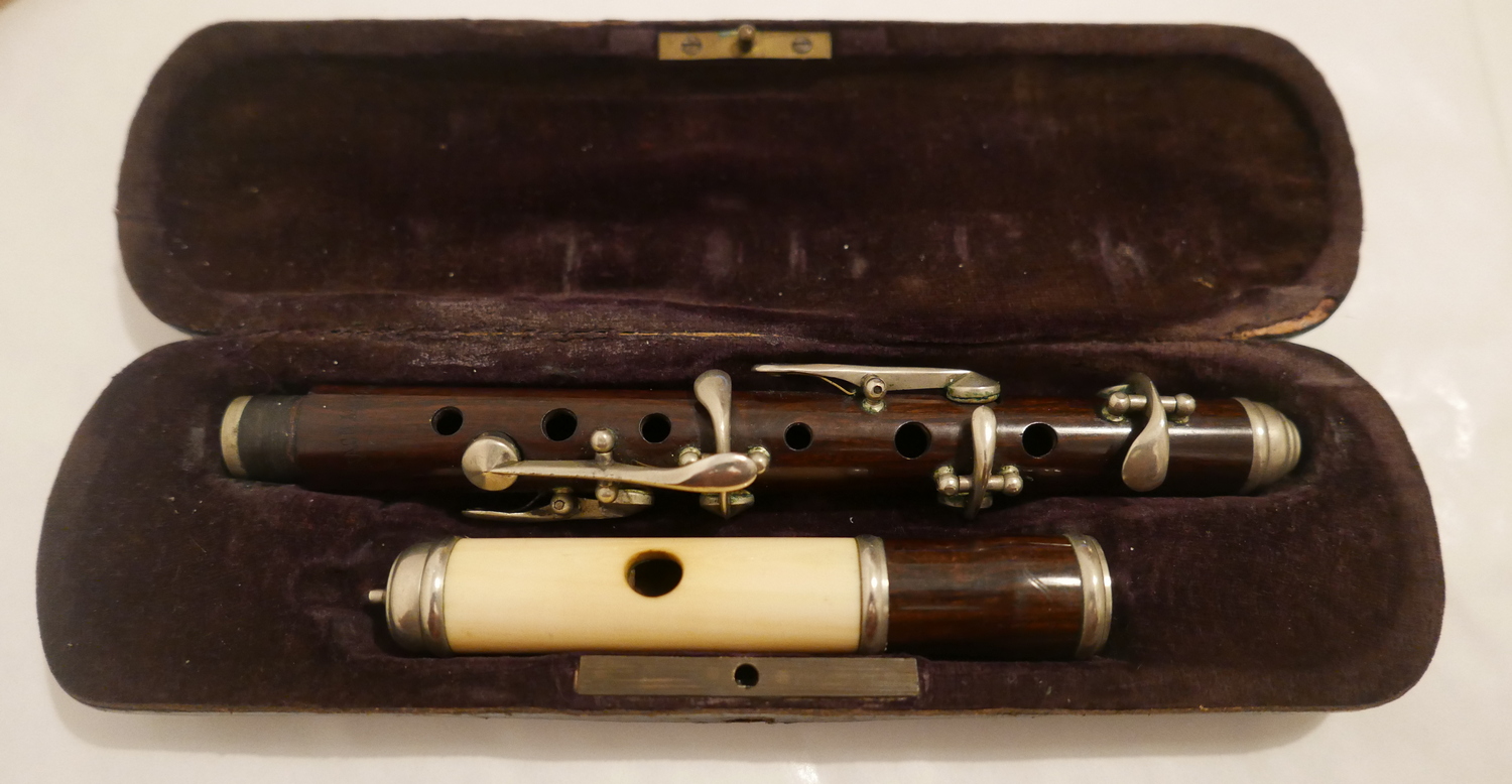 Antique Cased Nach Meyer Rosewood and Ivory Flute - 12" long.