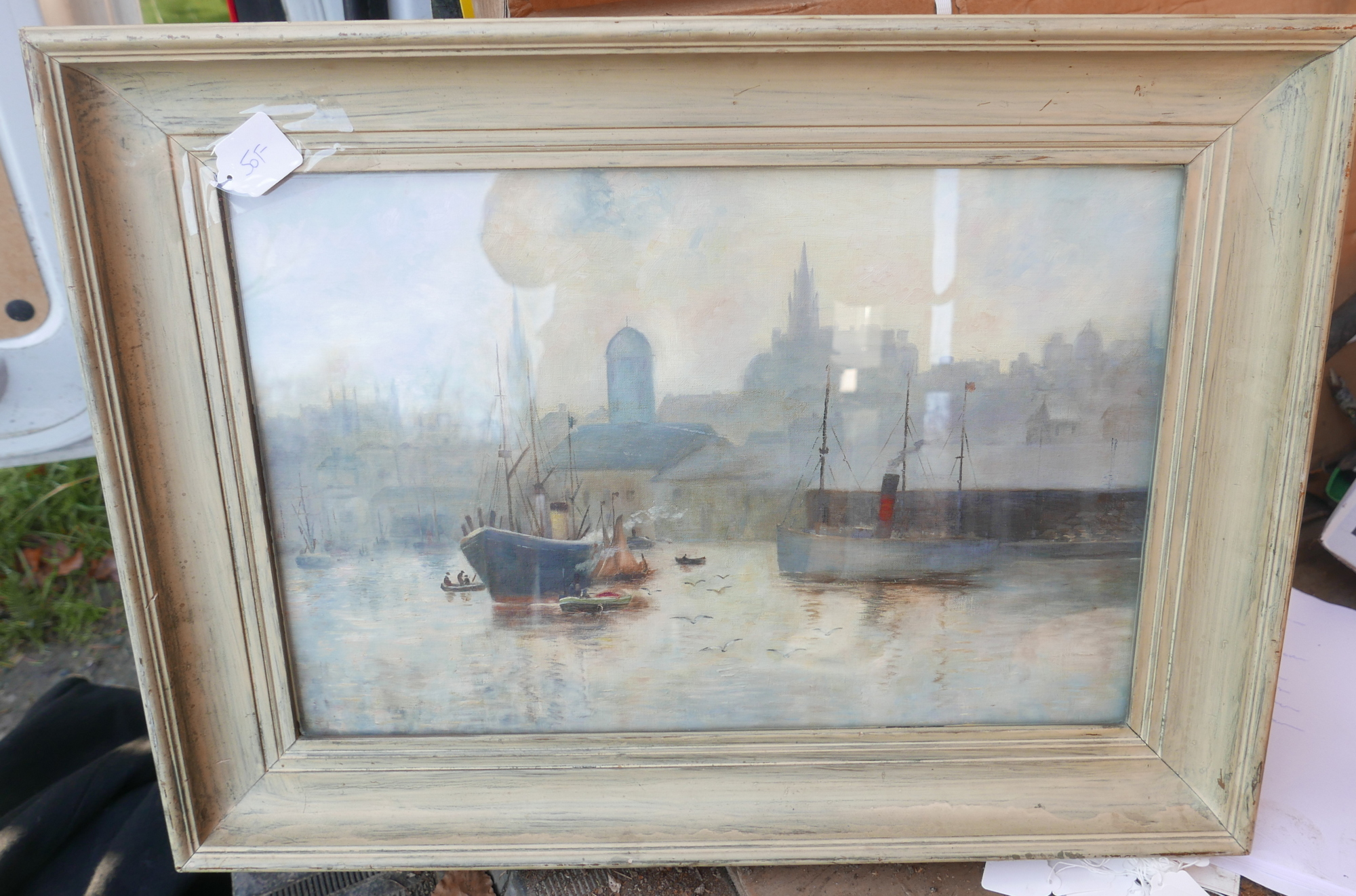 Antique Oil Painting of Aberdeen Harbour 26" x 19". - Image 2 of 3