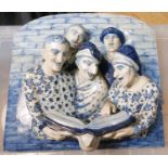 Large Antique/Vintage Dutch Delft Plaque of 450mm x 450mm with relief figures of 115mm.