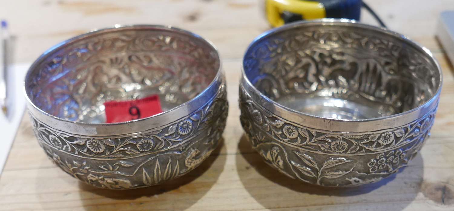 Antique Pair of Indian/Burmese White Metal Bowls with Peacock Marks to base - 233 grams.