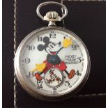 Vintage Nickel Cased Mickey Mouse Pocket Watch - 50mm dia case - working order.