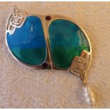 Large Silver and Enamel Liberty's Brooch with drop Pearl -1980s - 52mm x 46mm with Pearl 12mm long.