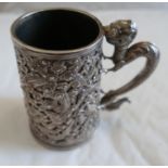 Antique c1880-1900 Chinese Silver Tankard 4 5/8" (11mm) tall with Dragon Handle-327 grams.