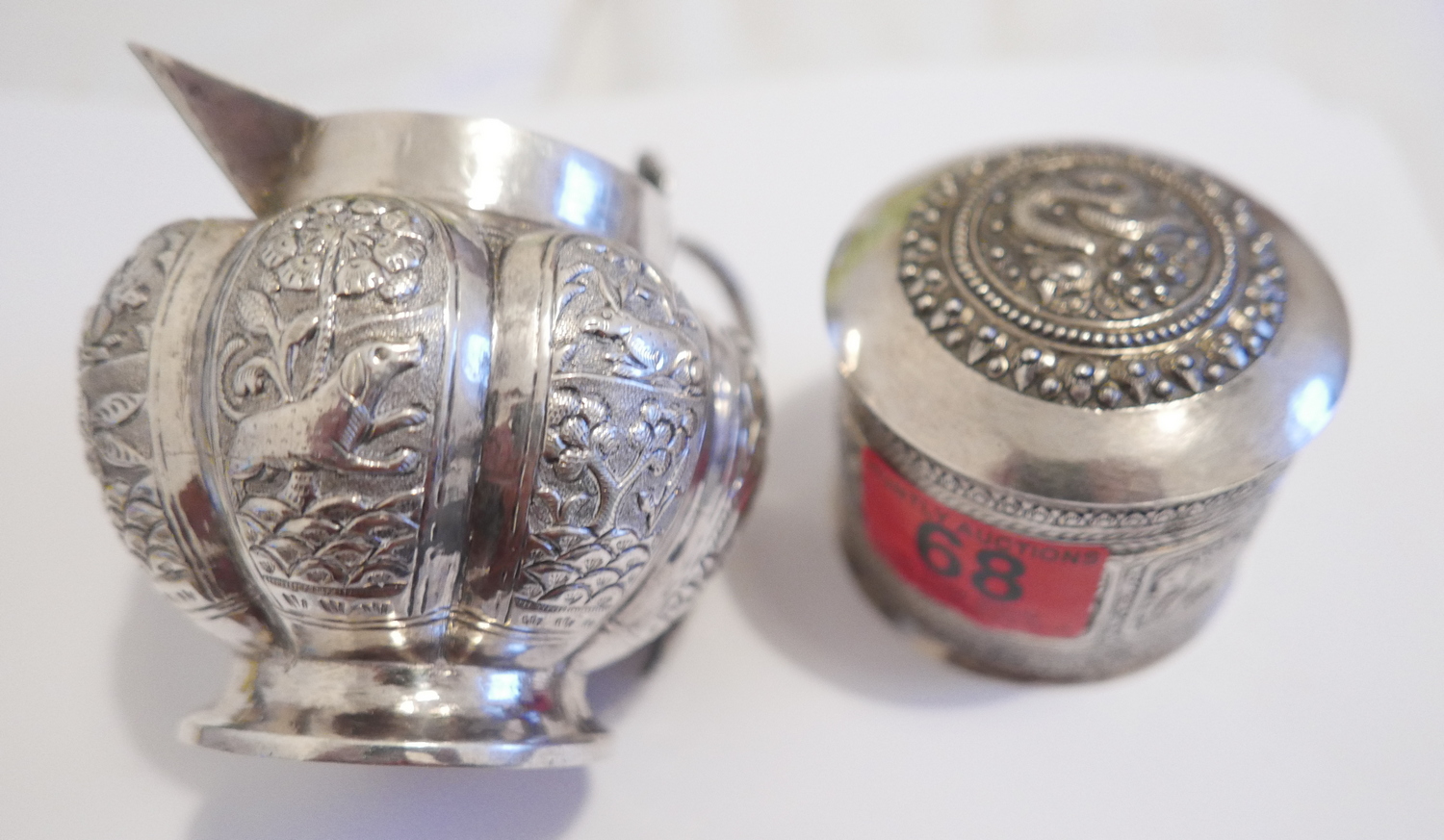 Antique Indian Silver Lidded Pot - 72mm dia and 70mm with Decorative White Metal Jug - 120mm x 110mm