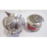Antique Indian Silver Lidded Pot - 72mm dia and 70mm with Decorative White Metal Jug - 120mm x 110mm