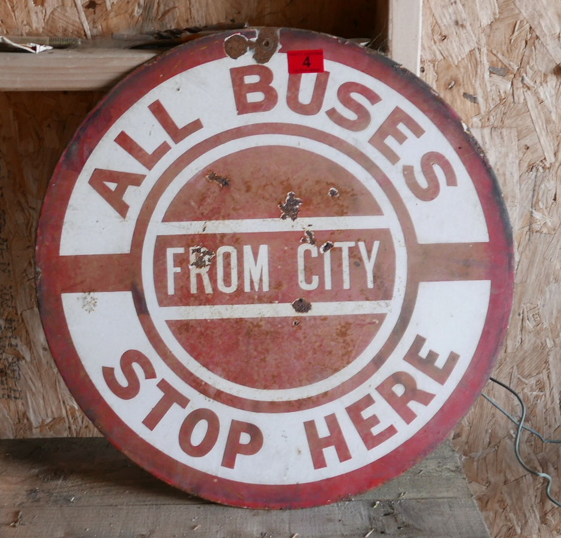 Vintage All Buses Stop Here Double Sided Enamel Sign approx 20" diameter.