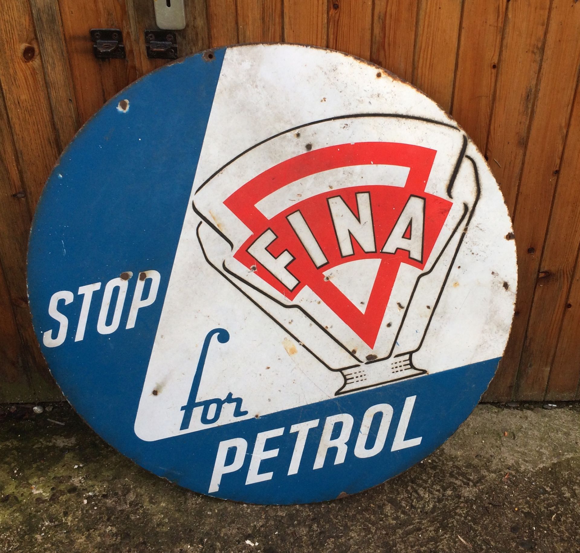 Vintage Fina Stop for Petrol Double Sided Enamel Sign - 30" diameter.