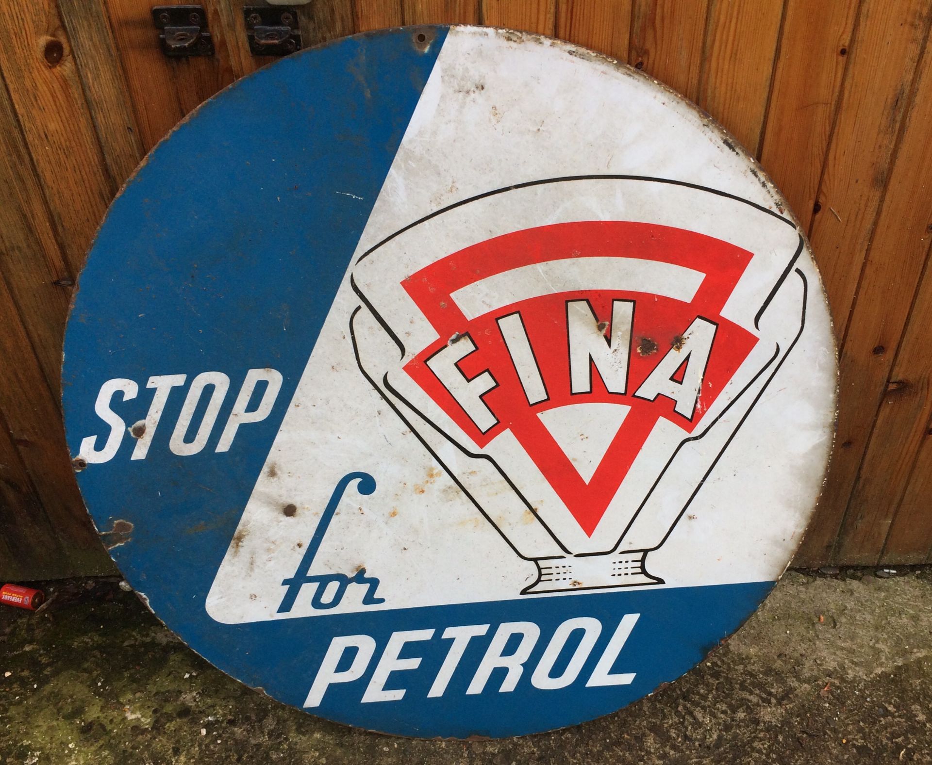 Vintage Fina Stop for Petrol Double Sided Enamel Sign - 30" diameter. - Image 2 of 2