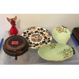 Lot of Oriental Wooden Stand 6" diameter and Carlton Dishes-Doulton Plate-Glass Figure.