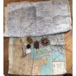 Lot of 2 WW2 Silk Maps of Europe, Army Badge and piece of last Transatlantic Cable.