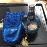 Decanter of Chivas Royal Salute 21 year old blended Whisky in blue decanter with blue cloth bag.