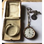 Antique Boxed Gun Metal Pocket Watch with Perfect Attendance Leith School Board - working order.