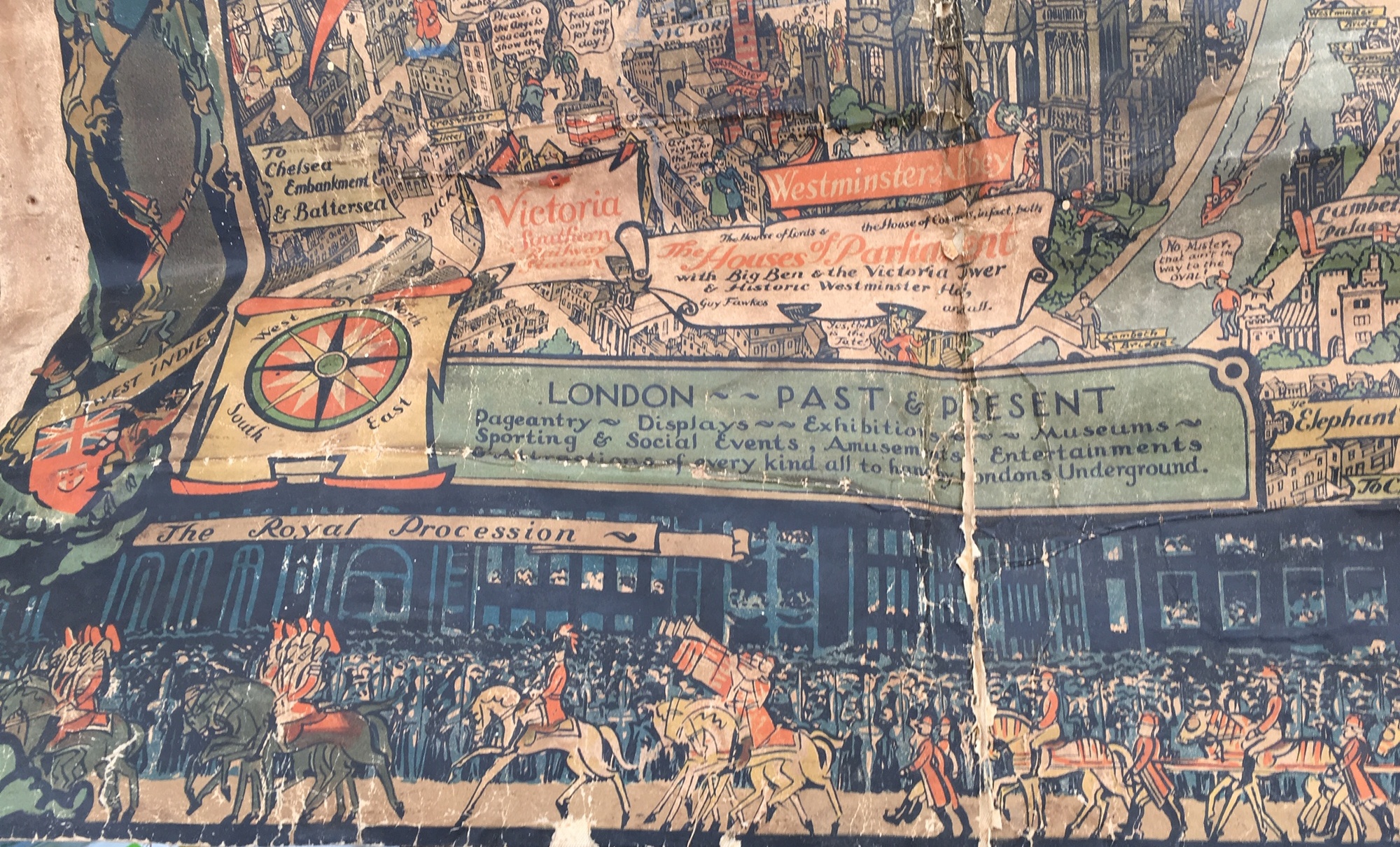 Vintage 1930s Southern Railway Map on Cloth of London - 47 1/2" x 35". - Image 2 of 6