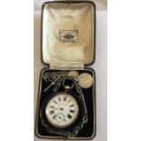 Boxed French Silver Pocket Watch and Watch Fob Chain - running order.